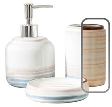 Bad-Accessoires-Set, 3 Teile Seifenschale, Seifenspender, Becher, in Beige/Weiß