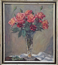 Julius KOCH Original Gemälde Ölbild Rosen in Glasvase Stillleben Blumen gerahmt