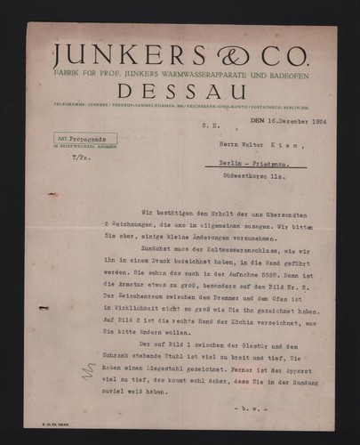 Dessau brief 1924 junkers - junkers, &