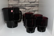 Alsterfors Schweden amethyst Glas Jug Krug Karaffe + 5 Gläser Label Mid Century