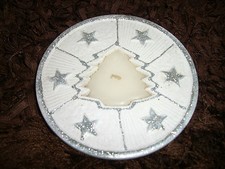 Weihnachten !!! unbenutzt ! weißer Teller mit Tannenbaum Kerze; silberf. Glitzer