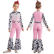 Mädchen 70er 80er Jahre Disco Outfits Kuh Muster Overall Jumpsuit Mit Schlaghose