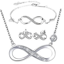 Damen Infinity Schmuckset echt 925 Silber Halskette + Armband + Ohrringe 