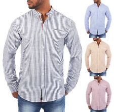 Carisma Herren Baumwoll Leinen Mix Stehkragen Hemd längs gestreift lässig 8455