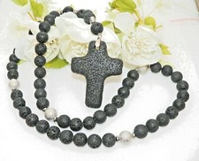 Halskette Endlos Rosenkranz LAVA Kreuz Perlen Y-Kette  Edelstahl silber  458b