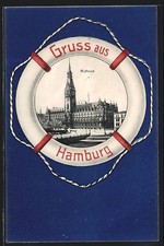 Hamburg, Rathaus, Abbildung in einem Rettungsring, Ansichtskarte 1907 