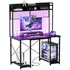 Gunji LED Computertisch mit umkehrbarem Regal PC Tisch Gaming Tisch 2 Steckdosen