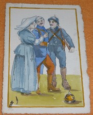 Französischer Soldat mit Verwundetem und Krankenschwester zu Füßen Pickelhaube