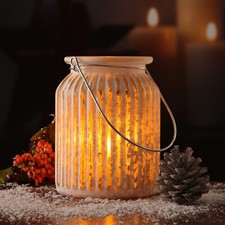 Windlicht geriffeltes Glas Metallhenkel weiß gold Weihnachten Kerzenhalter