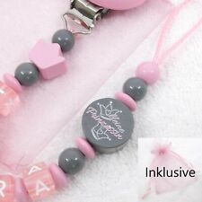 Schnullerkette mit Namen, rosa, grau, kleine Prinzessin, Krone, Mädchen, Baby 