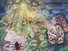 MODERNES ÖLGEMÄLDE AUFGEHENDE SONNE IM WALD VON 1982