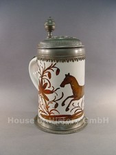 147002: Walzenkrug Fayence Krug um 1750 , aufwendige Zinnmontierung am Rand Fuß