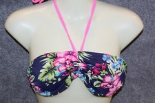 BIKINI OBERTEIL BANDEAU GRÖSSE S DUNKELBLAU GEBLÜMT VON HUNKEMÖLLER MIT PADS