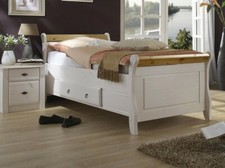 Massivholz Bett mit Schublade 90x200 Kiefer massiv weiß gelaugt Holz Einzelbett