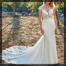 Top Mermaid Crepe Meerjungfrau Spitze Brautkleid Hochzeitskleid Illusion Korsage