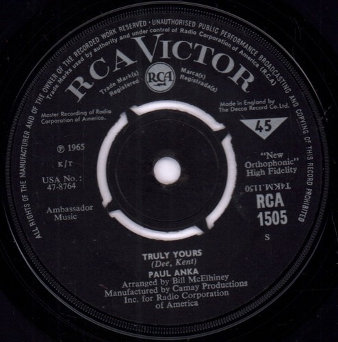 Paul anka truly yours vinyl - 7",