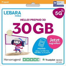 LEBARA HELLO! 30 Prepaid SIM-Karte | Allnet-Flat Telefonie & SMS | 30 GB Daten