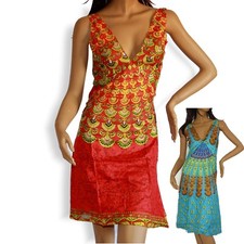 Kleid Minikleid Sommerkleid Indien Goa Hippie bunt Vintage Strandkleid rot  V1