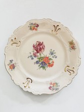 Antik Teller Ø 19 Kuchenteller Porzellan creme-gold Blumen bunt floral