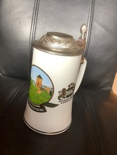 Bierkrug Keramik mit Goldrand mit Zinndeckel BBK Kaiserslautern