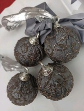 4 x Weihnachtskugeln, Baumschmuck Weihnachten dunkelgrau mit Satin