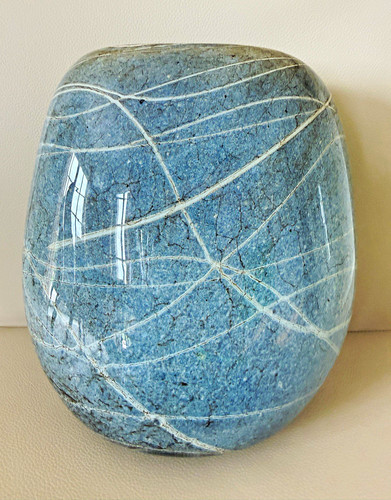 Glasvase oval grau-blau/weiß