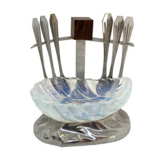 Tolle ART DECO Menage 6er Set Austern Gabeln mit Glas Saliere für Vinigrette RAR