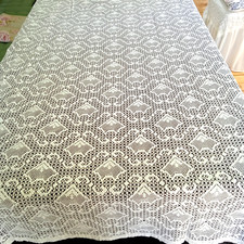 antike Gardine Bett Überwurf Vorhang Tischdecke Handarbeit beige 275x255 cm -23-