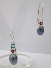 Blaue Mabe- Perlen Ohrringe mit echtem rosa Turmalin / Rubellit  925  Silber