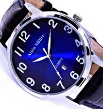 Alain Miller Herren Armband Männer Uhr Schwarz Blau Silber Farben Datum