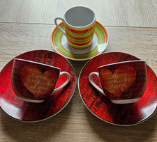 Espresso Tassen  ++   Porzellan rot mit Herz  und  bunt geringelt