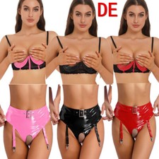 DE Sexy Damen Leder 1/3 Cup Spitze BH Top Offener Schritt String mit Strumpfband