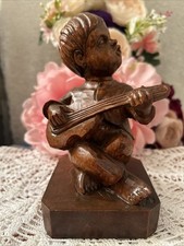 Vintage Ouro Artesania handgeschnitzte Holzfigur Junge singt Gitarre spielen