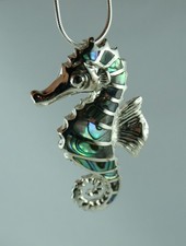 Seepferdchen Anhänger  Sterling Silber  Paua Muschel mit Silberkette 50 cm lang