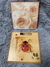 Holzbilder Set, 18x18cm, Rosen und Marienkäfer Motiv