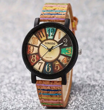 Damen Armbanduhr in Holz-Optik plus Armband, PU Lederband, Uhrengehäuse 3,8 cm