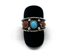 925/- Sterlingsilber Ring, Türkis, Koralle, Cabochon, Muster, Gr. 63, 13 mm br.