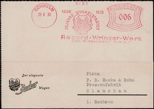 DR; "SCHWELM",  6 Pf. AFS "RECORD-WRINGER-WERK" auf Postkarte 1938 nach Glauchau