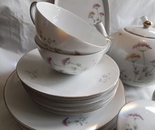 21 tlg Schumann Arzberg Teeservice mit Goldrand, Blumendekor Rosa Gelb