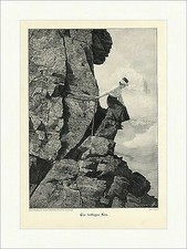 Ein luftiger Sitz Bergsteigen Klettern Felsen Stock Stab Klippe Holzstich A 1918