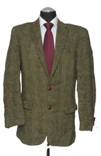 Harris Tweed Sakko 94 grün oliv Fischgrat Einreiher 2-Knopf Lederknopf Patches