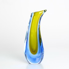 Murano Glas Vase asymmetrisch geschwungen Sommerso Salviati 1950-60 Blau Gelb