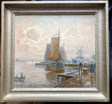 ::ÖLGEMÄLDE W. BERGHOLZ °BEI DER MOLE °NORDSEE SCHIFFE KAI PERSONEN FISCHER BOOT