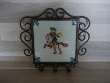 Altes Schmiedeeisernes schlüsselbrett mit 3 Haken mit Deko Fliese Handbemalt 