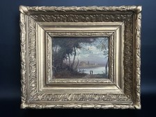 Antik Ölgemälde Landschaft 19 Jh Fluss Personen Abendstimmung Originalrahmen