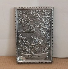 Wandbild Zinn 830g Relief 21cm Herbst Landschaft Jahreszeiten alt vintage 1-4