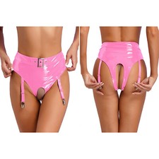 Damen Wetlook String Slip Lack Leder Panties Tanga mit Strumpfhalter Clubwear