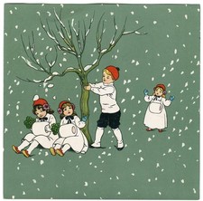 Glanzbild Oblaten scraps Litho Kinder Muff  Winter Schneefall  Baum 13 cm