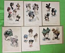 6 Stck. farbige Lithographie aus Modemagazin, Damen-Hut-Mode Frankreich um 1900