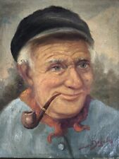 Ölbild Retro Gemälde Fischer Mann Meer Hut Pfeife Seemann Signatur J.v.Dück